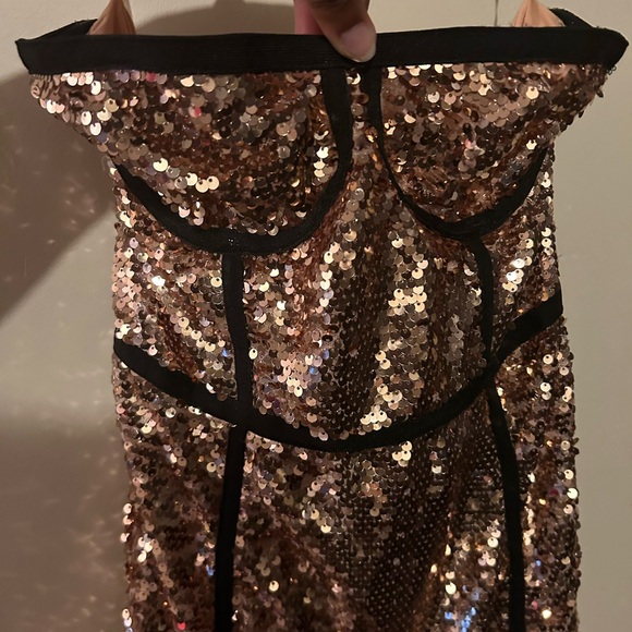 Strapless rosegold sequin long dress w/ slit by Wow (Gold Label), good condition - Picture 2 of 6
